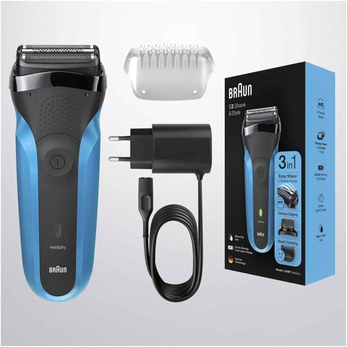 Braun Series 3 Men's 3-in-1 Electric Shaver, Beard Trimmer with 5 Comb Attachments, Rechargeable and Wireless Electric Shaver, 30 Minutes Runtime, Wet & Dry, 310BT, Black/Blue - 6